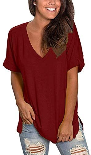 Tuopuda Maglietta Manica Corta Donna, T-Shirt Scollo a V Estiva Elegante Camicia Casual Tinta Unita Camicetta Sportivi Cotone Stretch Moda Top Taglie Forti Manica Blusa, Vino Rosso, S