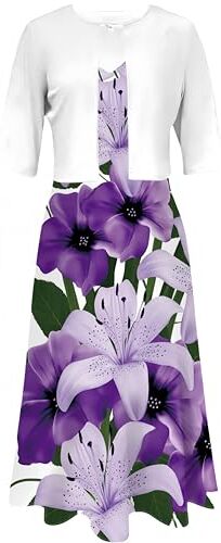 Ocean Plus Maxi abito da donna, con stampa digitale, scollo rotondo, con giacca, Fiori di giglio viola chiaro, XL