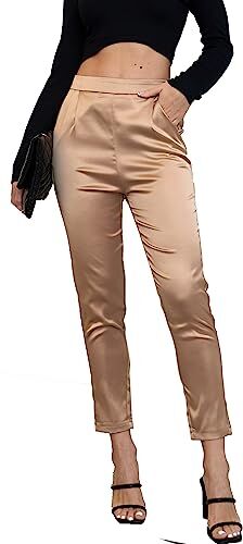 Fakanhui Abito da donna in raso di seta casual elastico a vita alta elasticizzato pantaloni eleganti pantaloni, C03 kaki, L