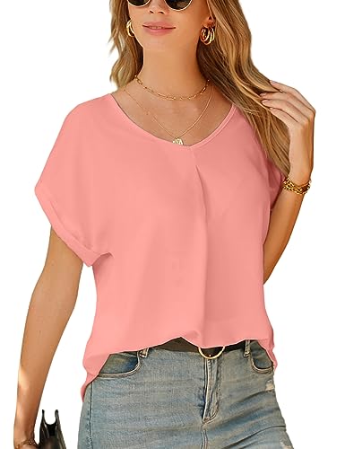 Yuson Girl Camicia Donna Maglietta Chiffon Donna Maniche Corte Camicetta con Scollo a V Elegante Blusa Estivi di Colore Puro Manica da Donna Casual Top T Shirt Sexy Donna Manica Corta(Rosa, S)