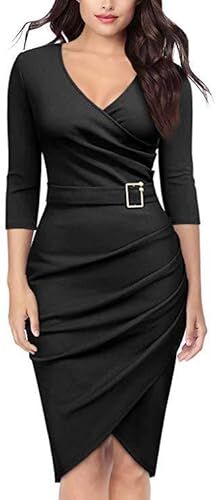 Rayson Vestito Donna Lungo Elegante con Cintura Abito Donna Curvy con Scollo a V e Manica Lunga Abiti da Cerimonia Sera Dresses for Women(Nero,M)