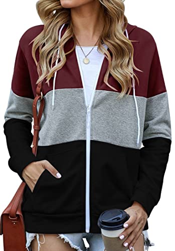 EUDOLAH Felpa di Blocchi Donna di Colore con Cappuccio e Zipper Cappotto Casual Ragazza Autunno Primavera M,1 Vino Rosso