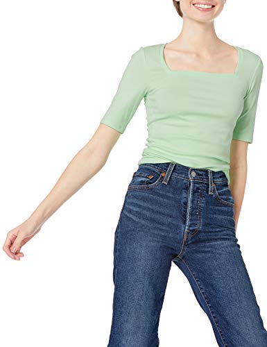 Amazon Essentials T-Shirt Aderente con Scollo Quadrato e Mezze Maniche Donna, Verde, S