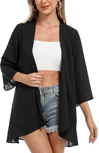 Irevial Cardigan Donna Estiva Copricostume Mare Chiffon Elegante a Maniche 3/4 Spiaggia Blusa Top Traspirante Nero L…