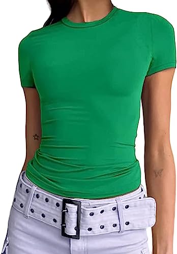 KUKEYIEE Maglietta di Base Slim Fit Top Manica Corta Y2K Top TikTok Influence Crop Top Club Party Streetwear(Green-12, M)