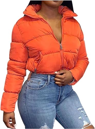 CROKZ Piumino invernale da donna corto con zip intera manica lunga tasca calda trapuntata imbottita a bolle cappotto / 210 (Color : Orange, Size : Medium)