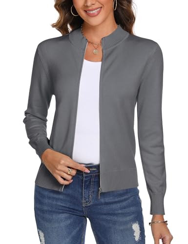 Aottori Cardigan Donna con Zip Maglione Cerniera Leggero Giacca in Maglia Elegante Golfino a Maniche Lunghe Pullover Aperta Casual per Primavera Autunno Invernale Grigio S