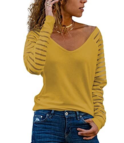 Homlan . Maglietta a maniche lunghe da donna, con scollo a V, in tessuto mesh, elegante, casual, giallo., XL