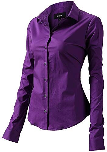 Hawk Camicia Basic da Donna in Cotone Manica Lunga Camicetta Casual Blusa Chiusura Bottoni Slim Formale Elegante Camicia Shirt con Colletto Dritto, Ideale per Ufficio/Lavoro/Colloquio (EU48, Blu2)