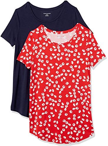 Amazon Essentials Tunica con Scollo Rotondo a Maniche Corte Donna, Pacco da 2, Blu Marino/Rosso Fiori, XL