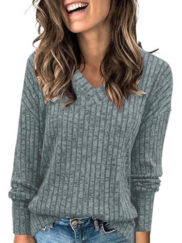 ABYOVRT Maglioni da Donna Scollo a V Pullover a Maniche Lunghe Girocollo Signore Tunica Tops Leggero Loose Morbido Sweatshirts Invernale Elegante T-Shirt Casual Felpa Moda Bluse,Grigio,XXL