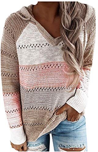 Generic Maglione con scollo a V, maniche con cappuccio, patchwork, casual, da donna, camicetta lunga (rosa, M)