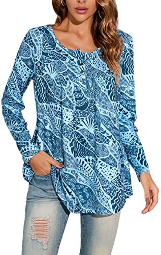 Enmain Tunica Casual da Donna Top Floreale Manica Lunga Pieghettato da Donna Top Altalena Camicetta Allentata Bottoni Up Scollo a V Tunica T Shirt Taglie Forti per Donna Azzurro S