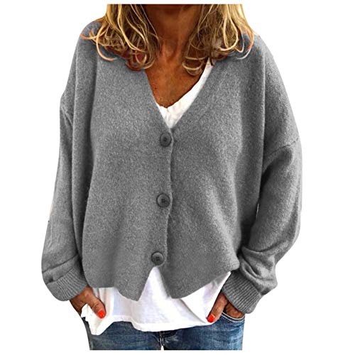 Generic Cardigan da donna caldo con stampa margherita a maniche lunghe con scollo a V, elegante maglione top cardigan da donna taglie forti (03C-grigio, S)