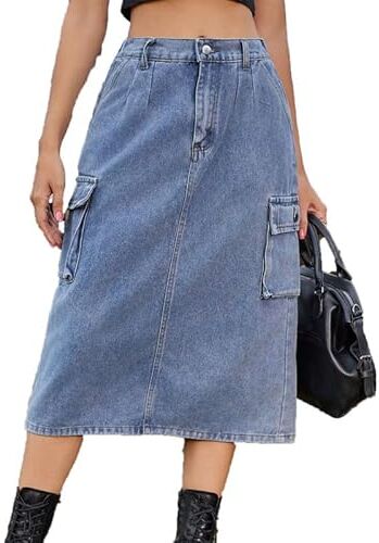 MANYMANY Gonna da donna in denim Jean Cargo Gonna longuette in denim a trapezio con tasche