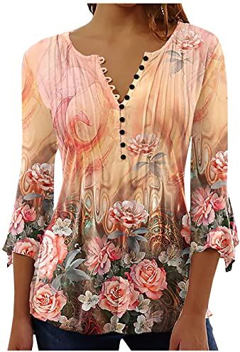 Generico Camicetta da Donna Elegante a Maniche Lunghe Magliette Donna Estive Ufficio Camicia Donna Casual Bluse Maglie a Manica Lunga Scollo a V Stampato Shirt Camicetta a Bottoni Lavoro Ufficio Tops 224