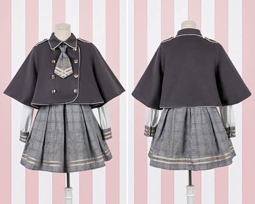 GABLOK Lolita Dress Mantello Vintage Preppy Chic Gonna Pieghe Camicia Bottoni Cravatta Stile Accademico Ragazze Dolce Carino Orso JK Uniform S Abito Grigio e mantello