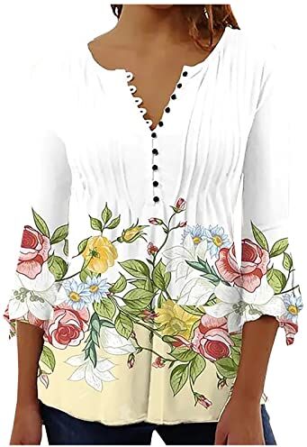 Generico Camicetta da Donna Elegante a Maniche Lunghe Magliette Donna Estive Ufficio Camicia Donna Casual Bluse Maglie a Manica Lunga Scollo a V Stampato Shirt Camicetta a Bottoni Lavoro Ufficio Tops 224