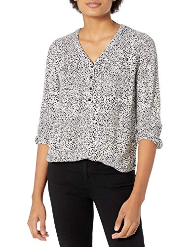 Amazon Essentials Camicia Popover con Maniche a 3/4 Donna, Nero Bianco Stampa Animalier, XL