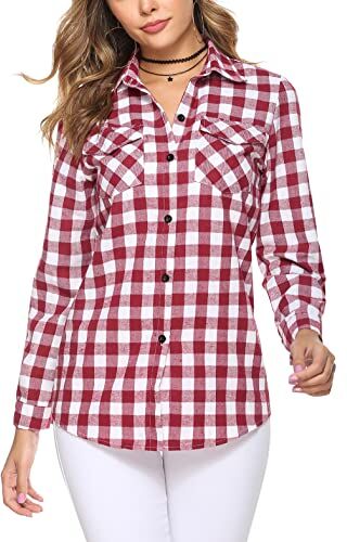 Irevial Camicia a Quadri Donna Cotone Shirts Casual Manica Lunghe Bluse a Bottoni Ragazza Vino Rosso M