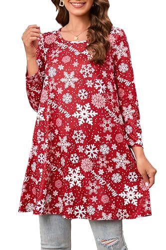 Enmain Tunica Natalizia da Donna Tunica a Maniche Lunghe Fiocco di Neve Tunica a Maniche Lunghe a 3/4 Taglie Forti Camicetta Allentata Casual T Shirt Girocollo Elasticizzata Vacanza Natale Rosso S