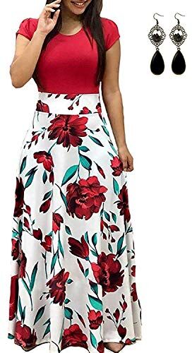 UUAISSO Donna Vestiti Eleganti Lunghi Floreale Casuale Abito Maxi Manica Corta Abiti Vestito da Cocktail Banchetto Sera C-Rosso-Manica Corta S