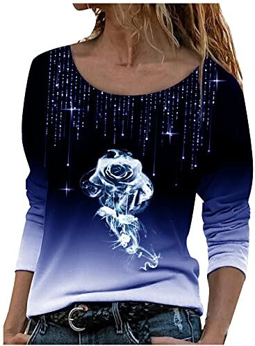 Generic Maglietta casual a maniche lunghe, girocollo, casual, con stampa a rosa, alla moda, a tunica da donna, a maniche lunghe, elegante (blu, XL)