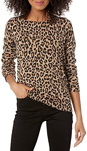 Amazon Essentials Maglione Girocollo Leggero A Maniche Lunghe (Taglie Forti Disponibili) Donna, Cammello Maculata, XS