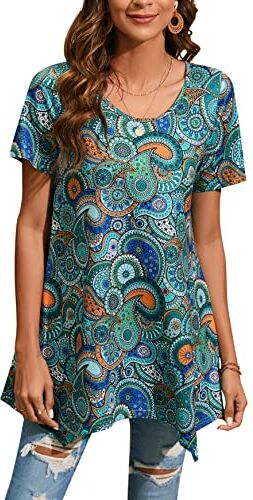 Enmain Maglia Tunica Donna Top a Maniche Corte Taglie Forti Camicetta con Stampata Oversize Originale Elegant Lungo T Shirt per Leggings,Blu e Arancione,3XL