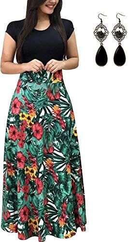 UUAISSO Donna Vestiti Eleganti Lunghi Floreale Casuale Abito Maxi Manica Corta Abiti Vestito da Cocktail Banchetto Sera H-Foglia Verde-Manica Corta L