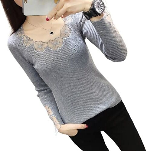 OXITA Maglione Caldo Da Donna Maglione a maniche lunghe allentato da donna, maglione ricamato con scollo tondo, tessuto in pizzo, sexy (Color : Grey, Size : M)