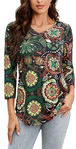 Enmain Donna Maglietta Tunica Scollo V Maniche a 3/4 Top Maglia Manica Lunga Taglie Forti Magliette con Stampata Elegant Autunno Inverno Slim Fit T Shirt,Multicolore 1,S