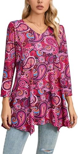 Enmain Maglietta Donna Tunica Manica Lunga Scollo V Top Tunica Maniche a 3/4 Maglia Taglie Forti Magliette Donna Elegant Camicetta con Stampata,Rosa Caldo,L