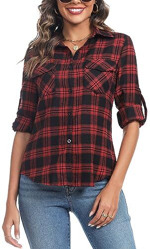 Irevial Blusa Donna Elegante Camicia in Cotone a Quadri Casual Camicette a Manica Lunghe Classica Shirts Top