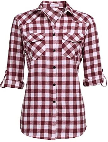 UNibelle Camicia da donna a quadri, con abbottonatura, corta, a maniche lunghe, per Oktoberfest, in cotone, casual, con scollo a V, rosso vino (una taglia più piccola per Slim Fit), S