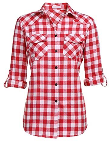 UNibelle Camicia da donna a quadri, con abbottonatura, corta, a maniche lunghe, per Oktoberfest, in cotone, casual, con scollo a V, rosso anguria (una taglia più piccola per Slim Fit), S