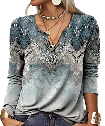 GRMLRPT Camicia Manica Lunga Maglia Donna Scollo a V T-Shirt Elegante Bluse Maglietta Donna Stampato Basic Tee Shirt(Blu-u,XL)