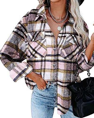 HVEPUO Giacca da Donna a Quadri Camicia Giacca Bottoni Camicetta Maniche Lunghe College Y2K Top Cappotto Shacket Quadri Camicia di Flanella Giacca da Boscaiolo da Donna con Tasche sul Petto Rosa L