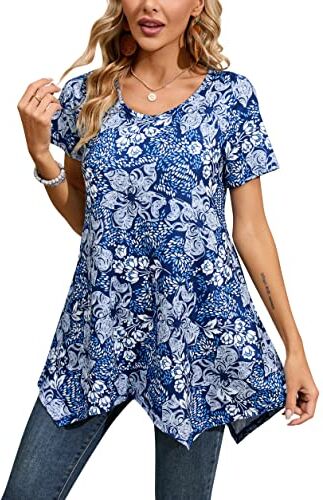 Enmain Donna Manica Corta Tunica Camicetta Casual Camicie Floreali Abito Swing Pieghettato Donna Top Camicette Lunghe Camicie Girocollo Eleganti per Vacanze Primavera Estate Blu/Bianco 3XL