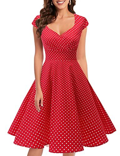 Bbonlinedress Women's Vintage 1950s cap Sleeve Rockabilly Cocktail Dress Multi-Colored Red Small White DOT S