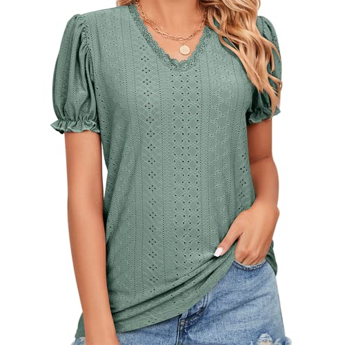 EDOTON Donna Maglietta Corte Scollo a V Camicetta Casual Estate Solida Hollow Bubble Sleeves Maglia Loose Tops Donna T-Shirts (S,C Verde Scuro)