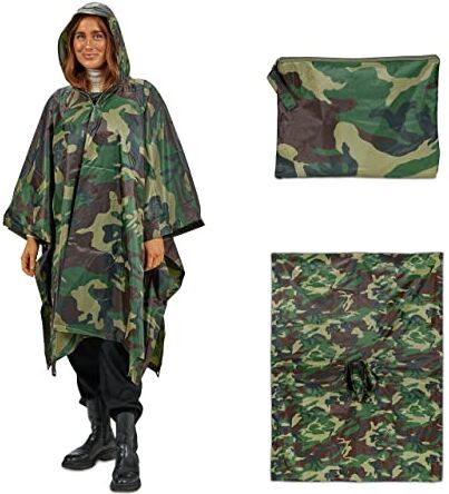 Relaxdays Poncho Antipioggia dal Design Militare, con Cappuccio, Mantellina Donne e Uomini, Impermeabile, Verde Marrone, 195 x 140 cm