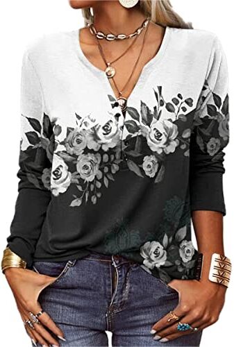 GRMLRPT Camicia Manica Lunga Maglia Donna Scollo a V T-Shirt Elegante Bluse Maglietta Donna Stampato Basic Tee Shirt(Nero-u,XXL)