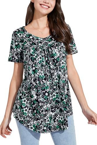 Enmain Tunica da Donna a Maniche Corte Top Camicette Floreali dal Taglio Largo Casual Camicia Henley con Scollo a V Pieghettato per Leggings XL