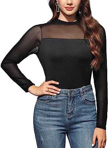 Tuopuda Maglietta Donna Trasparente Camicia Mesh Tops Camicette Manica Lunga Maglie in Rete Tunica Bluse Elegante Casual Shirts Sexy Clubwear Casual, E, M