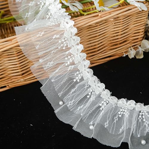 Duories Nastro in pizzo, 2 yard, 8 cm, con fiocco, in tulle, increspature all'uncinetto, bordatura in pizzo, per fai da te, cucito, vestiti, gonna, decorazione da tavolo, matrimonio, abito da sposa