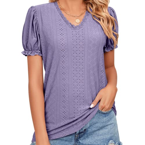 EDOTON Donna Maglietta Corte Scollo a V Camicetta Casual Estate Solida Hollow Bubble Sleeves Maglia Loose Tops Donna T-Shirts (XL,C Viola)