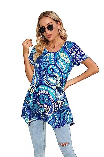 Enmain Tuniche a Maniche Corte da Donna Tuniche estive Taglie Forti per Leggings Tunica Plissettata Floreale per Donna T-Shirt Lunga Camicette Larghe Camicie Girocollo Eleganti Vacanze Blu L