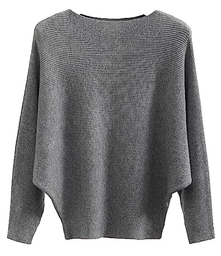 FULIER Maglione Dolman da donna, con maniche a pipistrello e scollo a barchetta, lavorato a maglia, vestibilità ampia, taglia unica, Grigio, Taglia unica