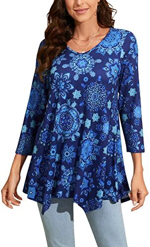 Enmain Maglietta Donna Tunica Scollo V Maniche a 3/4 Top Maglia Manica Lunga Taglie Forti Magliette Donna Elegant Camicetta con Stampata,Blu 1,M